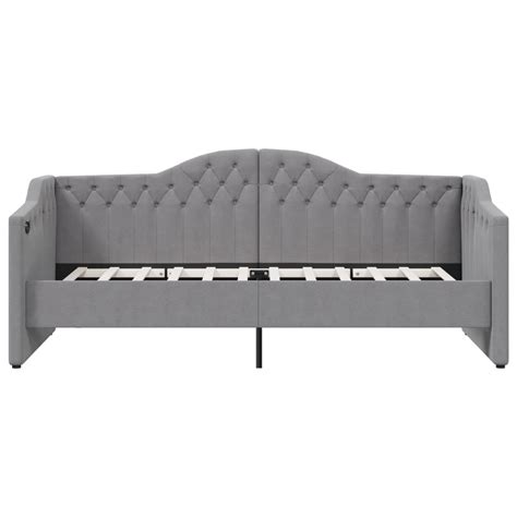 HEN Lit avec matelas et éclairage USB Gris clair Tissu 90x200 cm HB