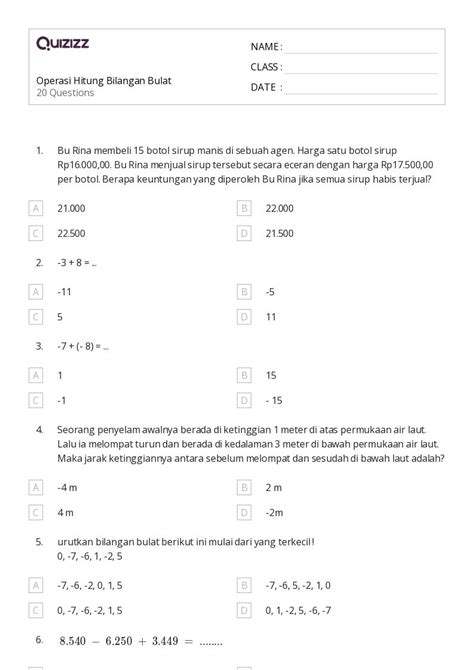 Lembar Kerja Operasi Dengan Bilangan Bulat Untuk Kelas Di Quizizz