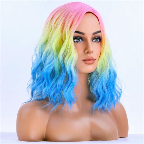 Beron Rainbow Colored Wigs For Women Short Curly Wavy Girls Hair Wigs Ombre Multi