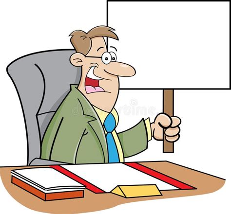 Cartoon Man Sitting At A Desk And Holding A Sign Stock Vector - Illustration of businessman ...