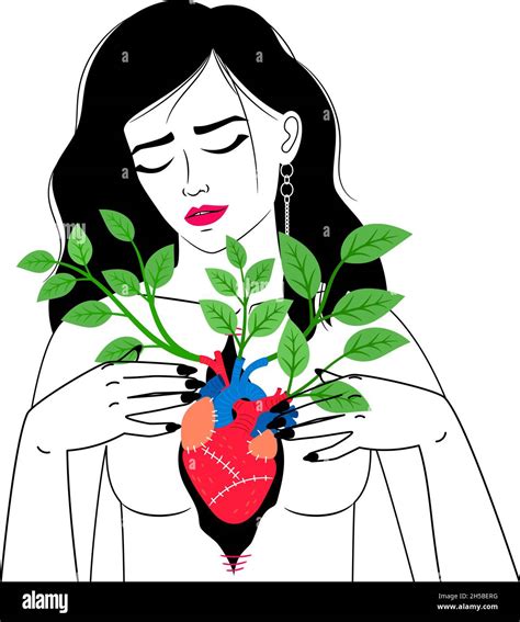 Woman with blooming heart. Cartoon female showing biological organ in ...