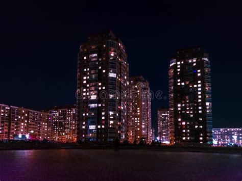 Night City. Glowing Buildings at Night. Stock Image - Image of grew ...