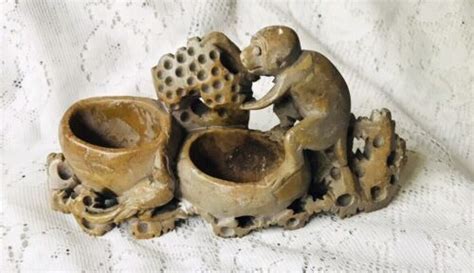 Chinese Hand Carved Soapstone Monkey Crane Brush Pot EBay