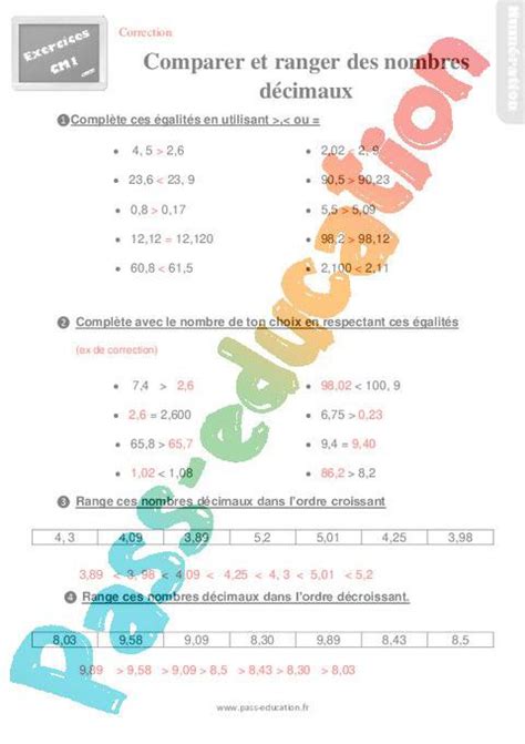 Comparer Et Ranger Des Nombres Décimaux Cm1 Exercices Pdf à Imprimer Par Pass Education Fr