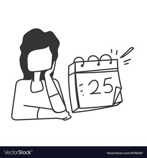 Hand Gezeichnete Doodle Frau Sieht Kalender Vektorbild