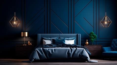 Premium AI Image | interior of dark bedroom with blue and gray walls