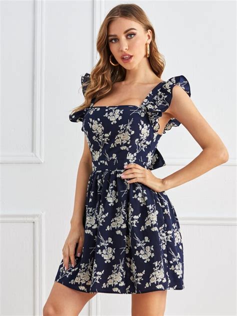 SHEIN Tie Open Back Ruffle Armhole Floral Print Dress SHEIN USA