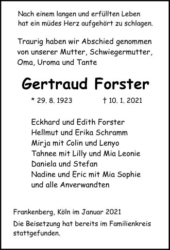 Traueranzeigen Von Gertraud Forster Trauer HNA De