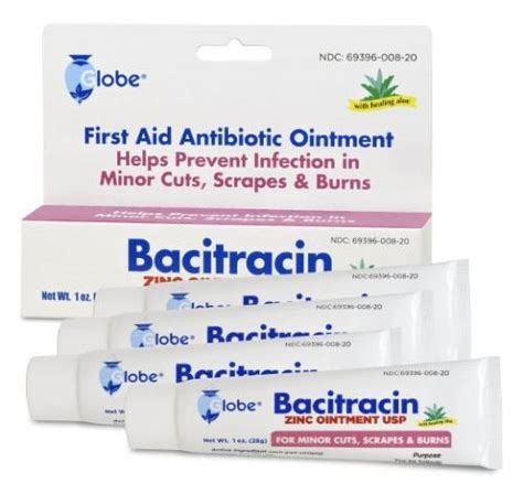 4 Pack Globe Bacitracin Zinc Aloe Ointment 1oz Antibiotic