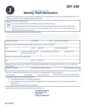 Fillable Online Fillable Online Identity Theft Form IDT 100 State