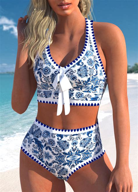 Bowknot High Waisted Tribal Print Blue Bikini Set Modlily Usd