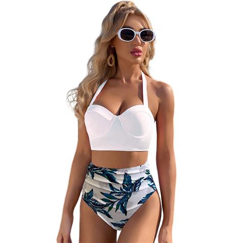 Women Vintage Swimsuit Retro Halter Ruched High Waist Bikini Two