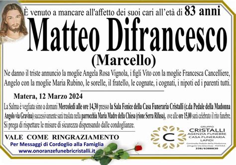 Funerali E Annunci Funebri A Cerignola Matteo Difrancesco Marcello