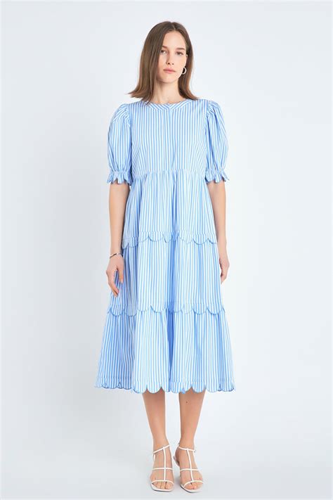 Stripe Scallop Edge Midi Dress English Factory