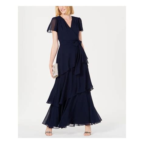 TAHARI Womens Navy Ruffled Short Sleeve V Neck Maxi Formal Sheath Dress