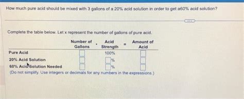 Solved How Much Pure Acid Should Be Mixed With 3 Gallons Of Chegg