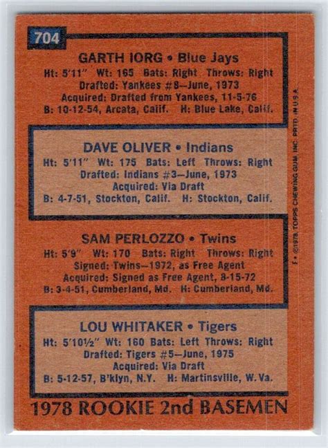 1978 Topps ROOKIE RC Lou Whitaker 704 Detroit Tigers EBay