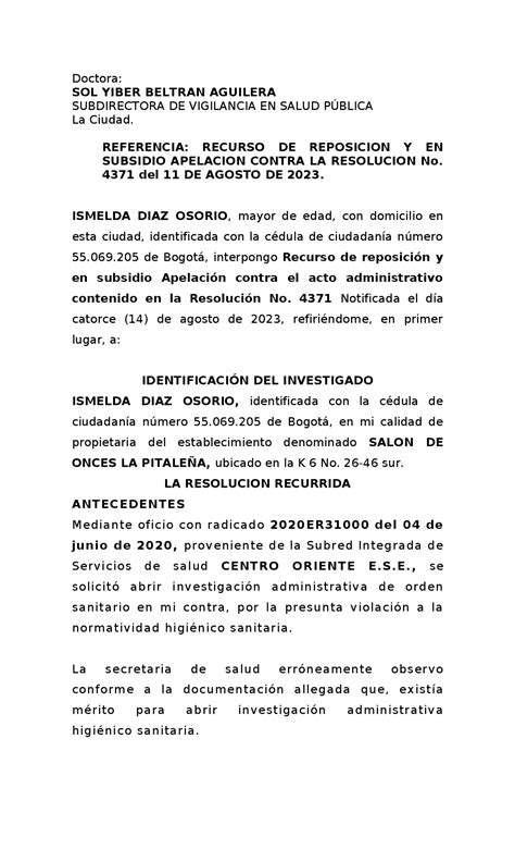 Modelo De Recurso De Reposicion Y Subsidio Apelacion Apuntes De