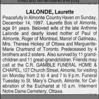 Obituary For Laurette LALONDE Aged 91 Newspapers