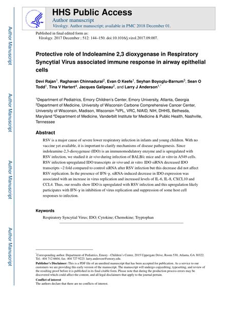 Pdf Protective Role Of Indoleamine Dioxygenase In Respiratory