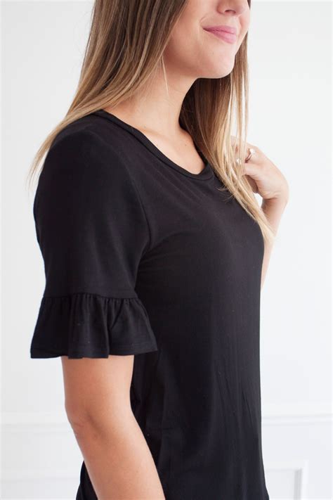 Solid Flutter Sleeve Black Ruffled Sleeve Top Fashion Black Tops