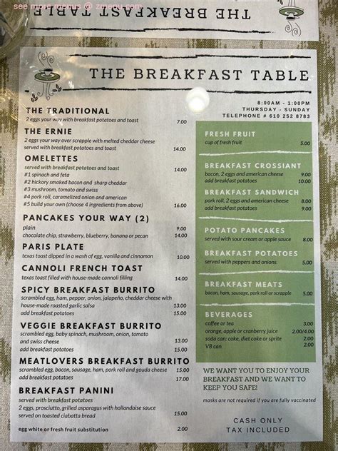 Online Menu of The Breakfast Table Restaurant, Easton, Pennsylvania ...