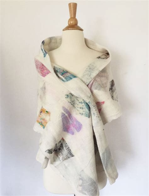 Winter White Nuno Felted Merino Wool Sari Silk Stole One Of A Kind