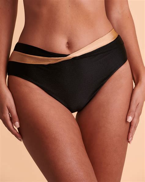 SANTEMARE SHINNY TEXTURED High Waist Bikini Bottom Black Bikini Village