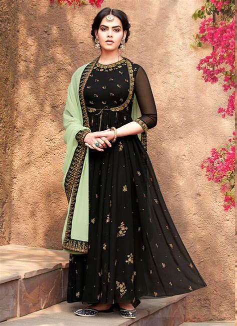 Party Wear Black Faux Georgette Embroidery Work Anarkali Suit