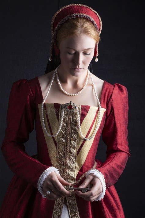 Red Haired Tudor Woman In Red Dress Stock Photo Image Of Gown