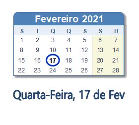 Dia 17 De Fevereiro E Feriado - 17 de Fev, 2021 Calendário com Feriados e Cont. Regressiva - POR