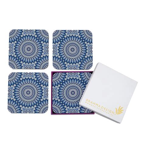 Brahma Design Wooden Coaster Set With Gift Box Blue Mandala Design