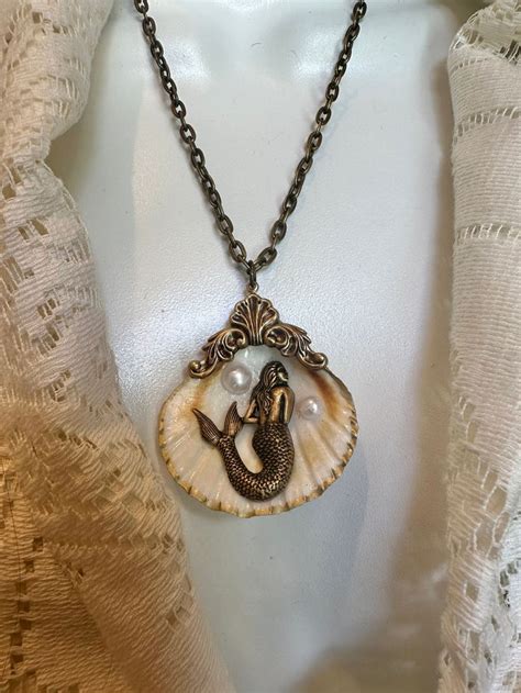 Mermaid Necklace Sea Shell Jewelry Art Nouveau Style Painted Seashell