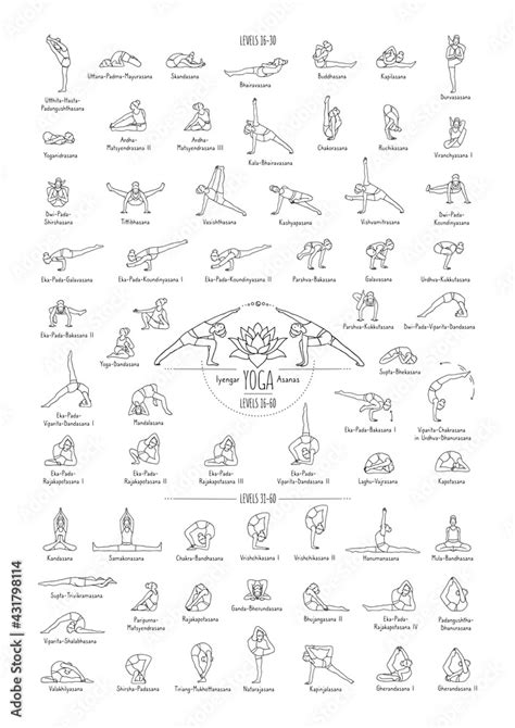 Hand drawn poster of hatha yoga poses and their names, Iyengar yoga asanas difficulty levels 16 ...