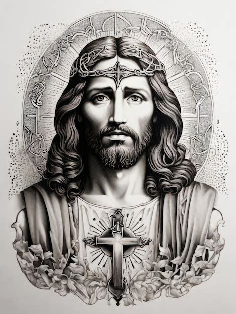 Premium Photo | Dotwork Jesus Tattoo Expressive Eyes White Background ...