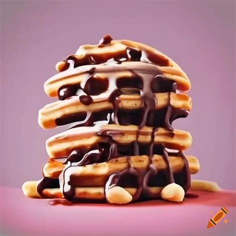 Delicious Stack Of Waffles With Purple Sauce And Melted Chocolate On