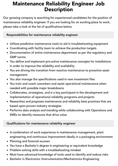 Maintenance Reliability Engineer Job Description Velvet Jobs