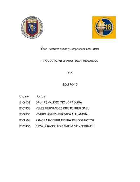 Equipo 10 PIA ESy RS Prepa 16 Ética Sustentabilidad y