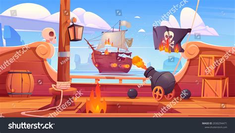 Pirate Ship Battle Wooden Brigantine Boat Stock Vector Royalty Free