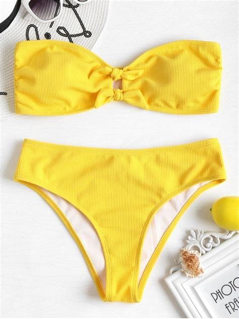 Ribbed Bowknot Bandeau Bikini Set Rubber Ducky Yellow S In