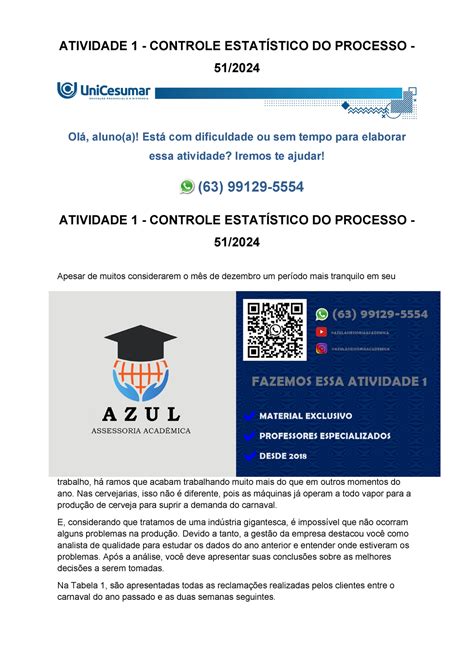 Atividade 1 Controle Estatístico Do Processo 512024 51 Olá