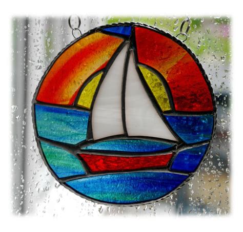 Sailboat Sunset Stained Glass Suncatcher Handmade Ring 015