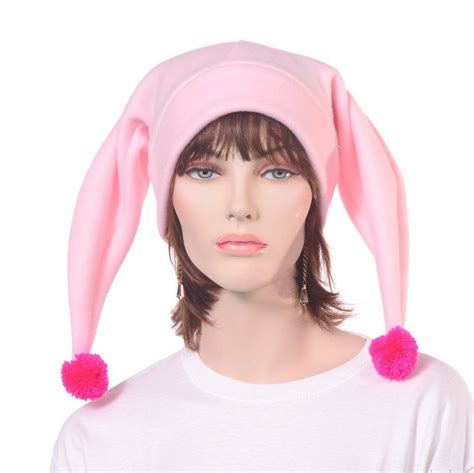 Two Pointed Harlequin Hat In Pastel Pink Flamingo Pink Pompoms On Tip