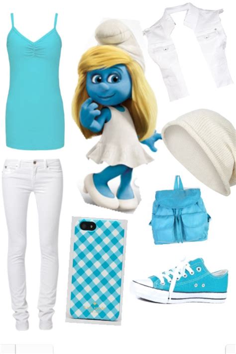 The Smurch Is Dressed In All White And Has Blue Shoes A Hat Bag And