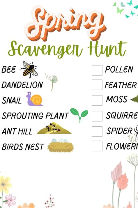 The Spring Scavenger Hunt Is Shown With Flowers And Bugs On Its Side