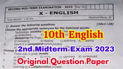 10th English 2nd Mid Term Question Paper 2023 10th English Second