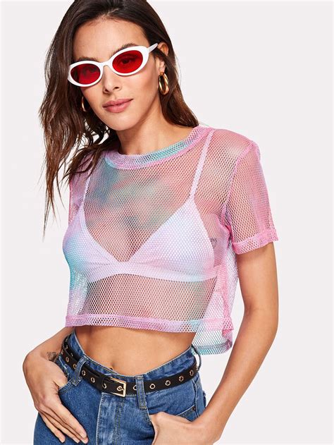 Shein Tie Dye Eyelet Mesh Crop Top Without Bra Short Sleeve Tops