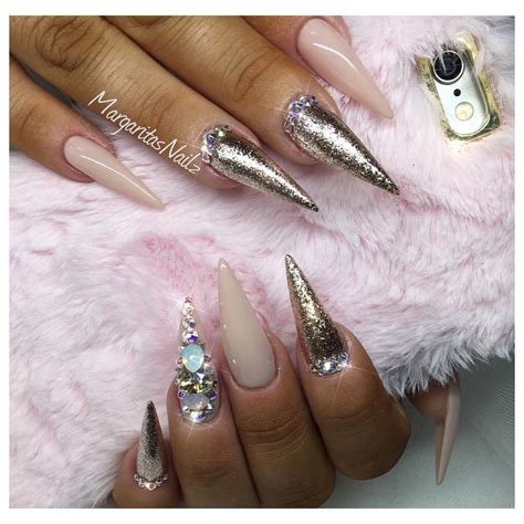 Nude And Rose Gold Glitter Stiletto Nails Swarovski Bling Nail Art