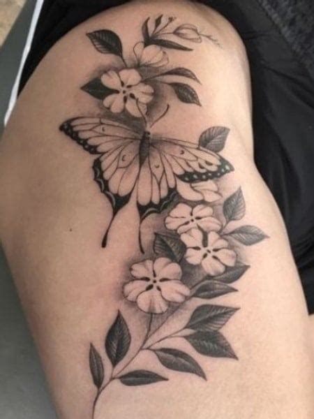 Butterfly And Roses Thigh Tattoos