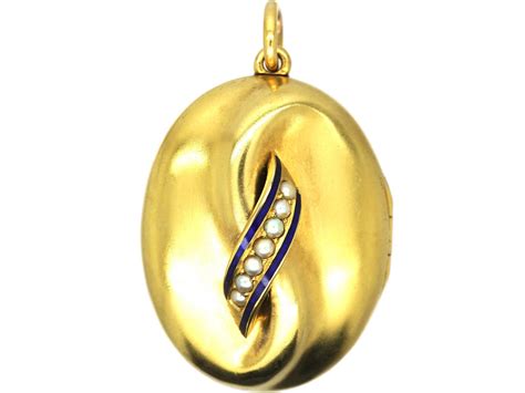 Victorian 18ct Gold Wave Locket With Natural Split Pearl Blue Enamel